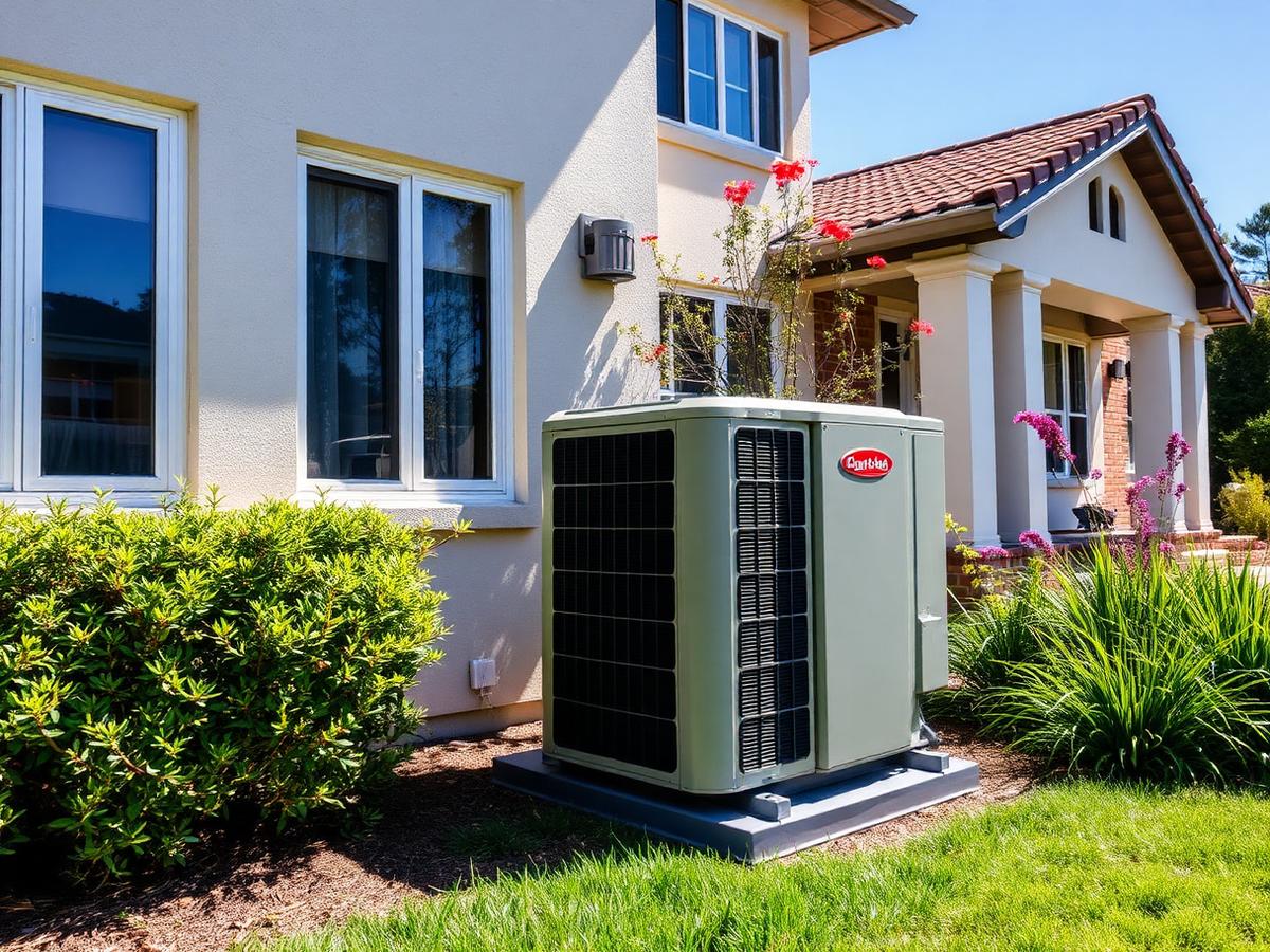 Outdoor air conditioning condenser next to a home