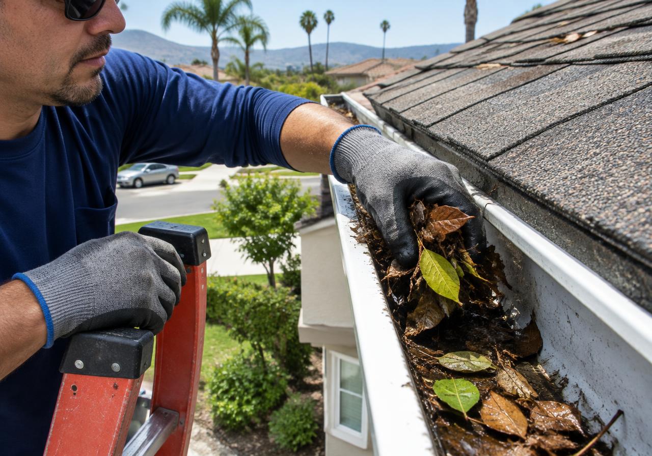 Technician cleaning a residential rain gutter