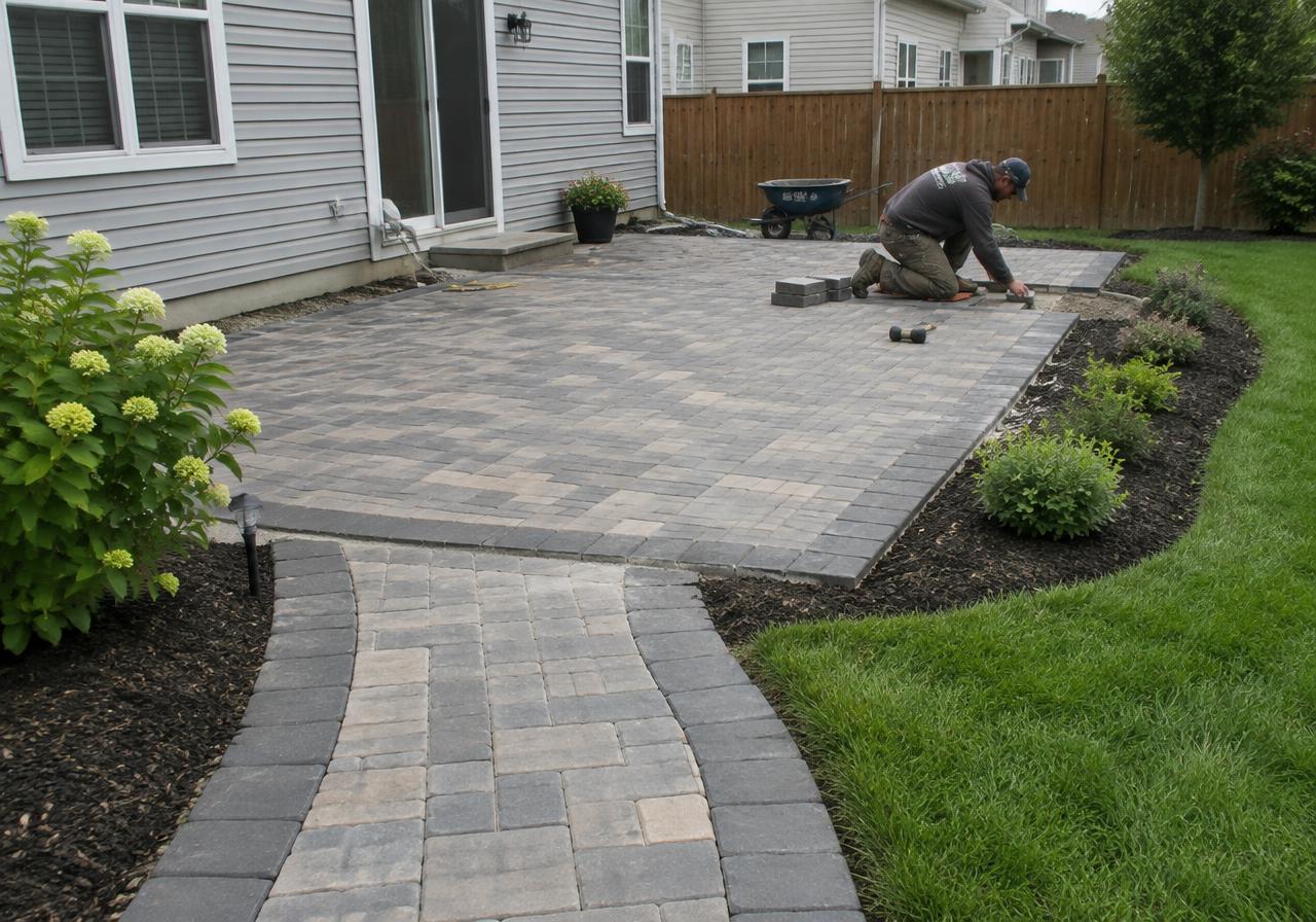 Mason laying pavers on a new backyard patio
