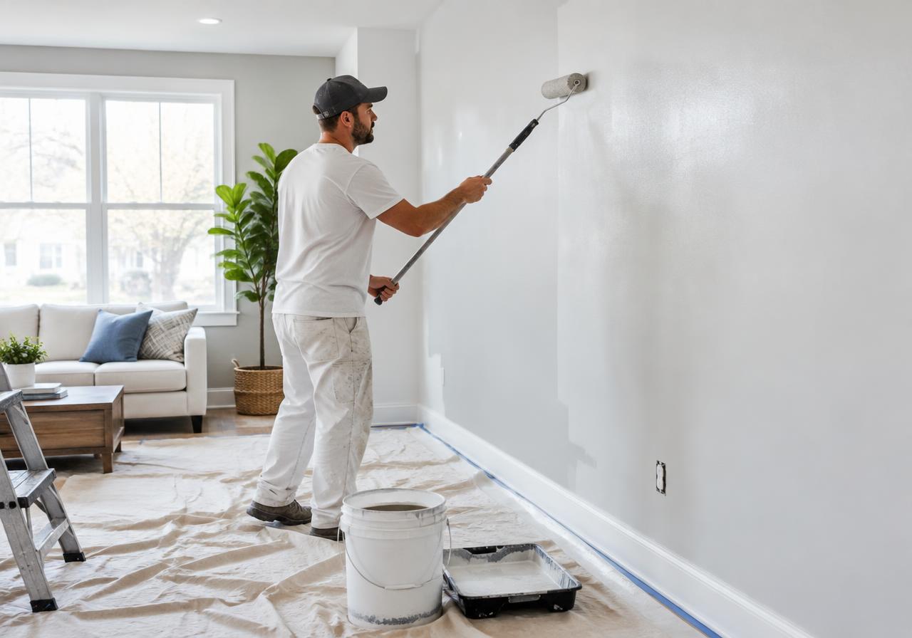 Painter rolling fresh paint on an interior wall