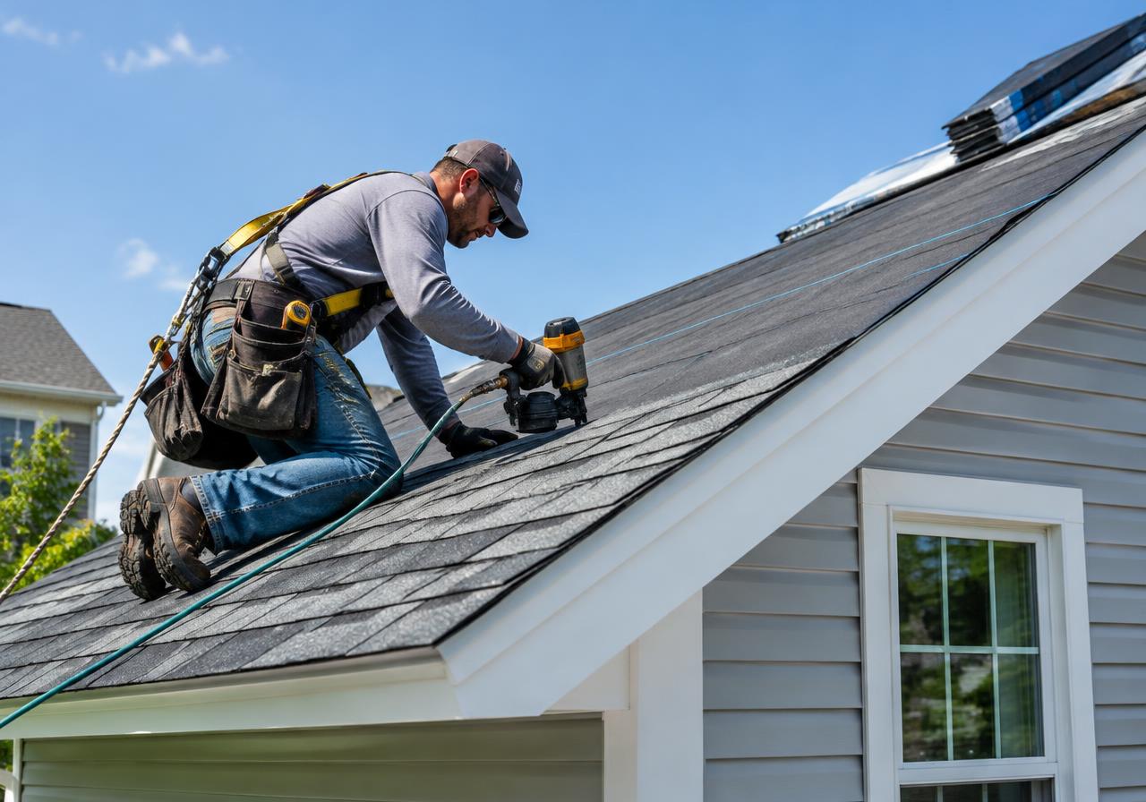 Roofer installing shingles on a house roof